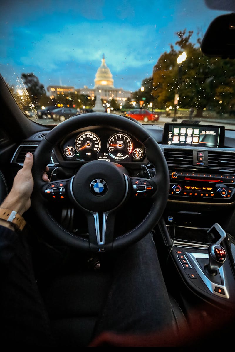 auto View of the Capitol in Washington DC through the BMW steering wheel during a drive.